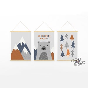 Adventure Awaits Typographic Print Set | Unframed | Set Of 3 |  Scandi Nursery Decor | Kids Mountains Wall Art | Bear Illustration