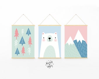 Pink and Blue Bear Print Set | Unframed | Set Of 3 | Scandi Nursery Decor | Kids Pastel Wall Art | Adventure Girls Room Decor | Mountains