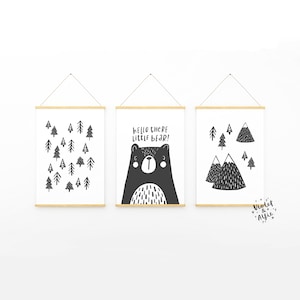 Monochrome Adventure Print Set | Unframed | Set Of 3 | Nordic Nursery Decor | Kids Scandi Mountains Wall Art | Hello There Little Bear