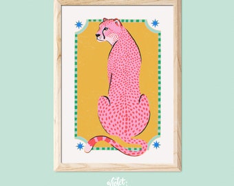 Colourful Cheetah Illustration Print | Unframed | Boho Jungle Art Print | Colourful Home Prints | Maximalist Decor