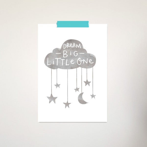 Cloud Print Gray Nursery Wall Art Dream Big Poster Watercolor Nursery Print Dream Cloud Art Gray Kids Room Print Cloud Mobile Print Art