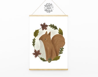 Woodland Squirrel Print | Unframed | Children's Room Decor | Animal Illustration Wall Art | Forest Nursery Print | Nature Themed Baby Poster