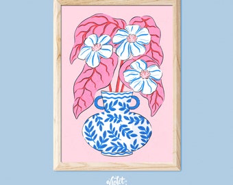 Pink and Blue Flower Vase Print | Unframed A5 A4 A3 | Maximalist Floral Illustration Gallery Wall Hallway Staircase | Botanical Prints