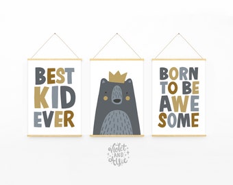 Adventure Bear Print Set of 3 | Unframed | Typographic Playroom Decor | Kids Wall Art | Bear With Crown | Born To Be Awesome | Best Kid Ever