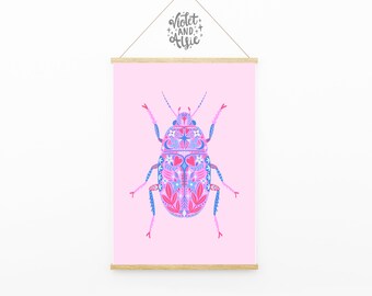 Colourful Beetle Print | Unframed A5 A4 A3 | Folk Illustration | Bug Print |Maximalist Prints UK | Insect Illustration | Blue and Pink Decor