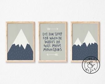 Let Him Sleep Typographic Print, Adventure Nursery Decor, Unframed Set of 3 Prints, Mountains Kids Room Wall Art