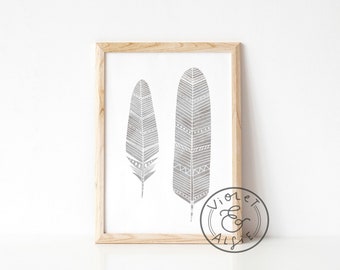 Grey Feather Print Grey Nursery Wall Art Feather Watercolor Feather Illustration Nursery Decor Feather Art Baby Decor