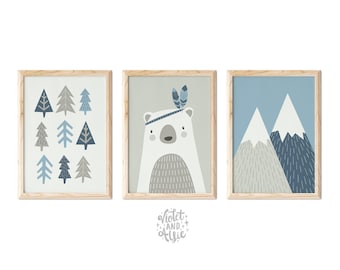 Adventure Bear Print Set | Unframed | Set Of 3 |  Scandi Nursery Decor | Mountains Bear and Trees Wall Art | Blue and Stone Wall Decor