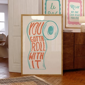 Funny Bathroom Wall Art Printable |Toilet Roll Poster | Print for Bathroom, WC or Toilet | Roll With it Loo Roll Wall Art | Colourful Print