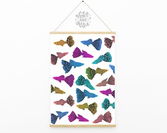Colourful Guppies Print | Unframed | Fish Wall Art | Tropical Fish Illustration Prints | Bright Colour Prints | Aquatic Decor