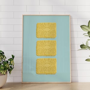 Custard Cream Illustration Print, Digital Art Download, Blue Kitchen Decor, Biscuits Poster, Cute Kitchen Art, Biscuit Print