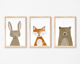 Woodland Nursery Prints, Animal Wall Art, Unframed Prints, Nursery Set, Animal Decor, Cute Animal Art, Fox Print, Bear Wall Art, Rabbit Art