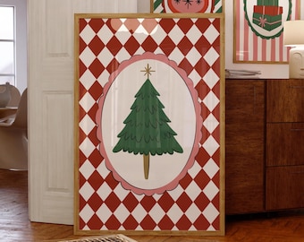 Puede incluir: Un estampado navideño enmarcado con un árbol de Navidad verde y una estrella dorada sobre un óvalo blanco, sobre un patrón de diamantes rojos y blancos. Se ven otros estampados con adornos.