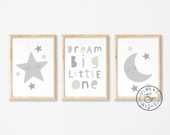 Grey Nursery Print Set, Children's Room Decor, Dream Big Print, Moon and Star Wall Art, Scandi Kid's Room Decor, Baby Wall Art, Unframed