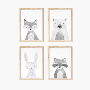 Neutral Nursery Decor, Woodland Nursery Prints Set, Unframed Prints, Cute Animal Art, Animal Wall Art, Fox Bear Racoon Rabbit Prints