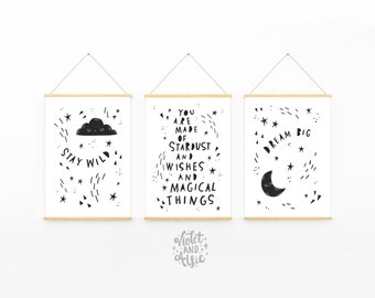 Scandi Kids Print Set | Unframed | Monochrome Nursery Decor | Modern Baby Wall Art | Minimalist Nursery Decor | Stardust and Wishes Quote