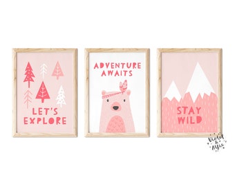 Adventure Awaits Bear Print Set | Unframed | Typographic Art |  Coral Pink Nursery Decor | Mountains Wall Art | Stay Wild | Lets Explore