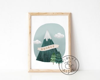 Personalised Name Print, Unframed, Mountain Print, Adventure Nursery, Children's Room Wall Art