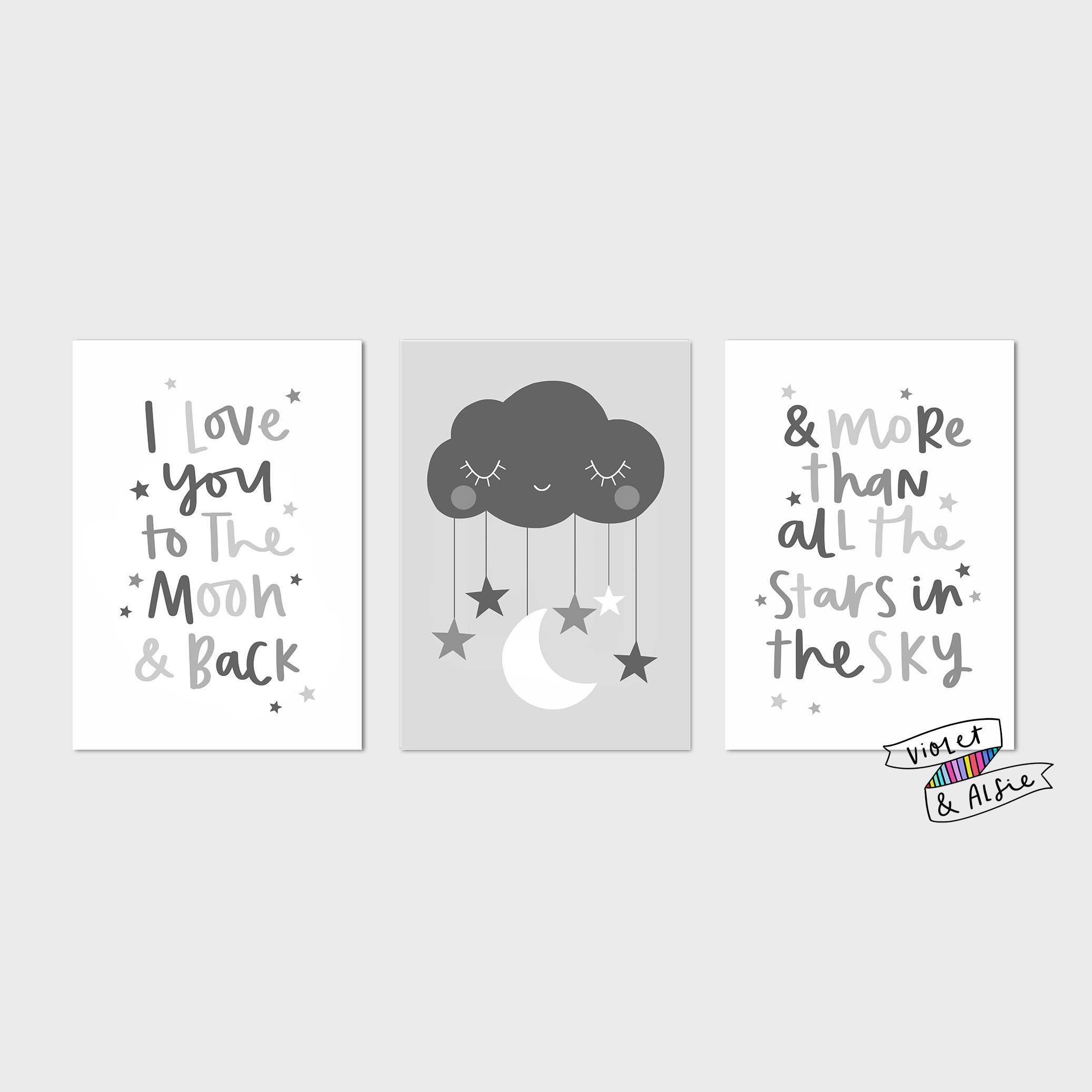Set of 3 Grey Nursery Print Set Unframed Unisex Nursery Etsy