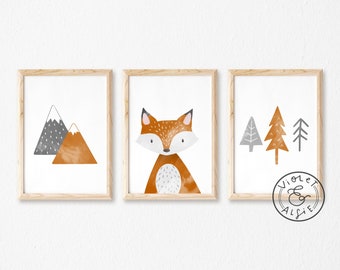 Fox Print Set, Unframed, Adventure Nursery, Grey and Orange Nursery Art, Kids Room Prints, Modern Nursery, Boys Room Wall Art