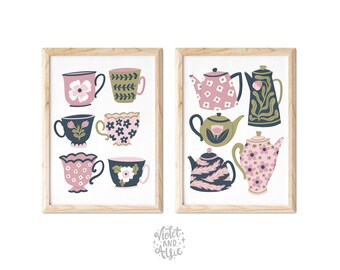 Teapot and Teacups Prints | Unframed | Kitchen Decor | Set of 2 Tea Prints | Tea Lover Gift | Kitchen Illustration | Kitchen Wall Art