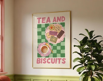 紅茶とビスケットのポスター | カラフルなキッチンのプリント | 英国風キッチンウォールアート | プレッピーフードプリント | 紅茶好きへのギフト