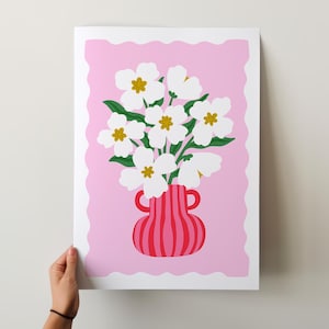 Pink Floral Art Print, Flowers in Vase, Digital Art Download, Girlie Home Decor, Colourful Floral Print, Bright Bold Printable, Pink and Red