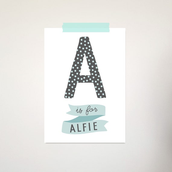 Leopard Initial Mint /& White Name - Personalised Nursery Print Baby Room