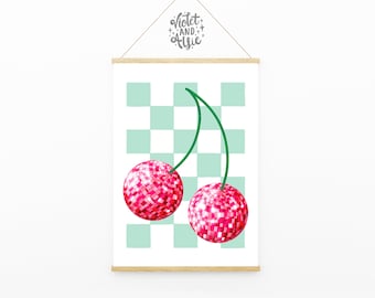 Disco Ball Cherry Print | Unframed | Colourful Wall Art | Kitsch Wall Art | Fun Gallery Wall Decor | Maximalist Home | Cherries Illustration