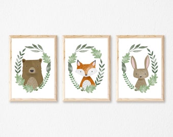 Woodland Nursery Wall Art, Animal Art, Nursery Prints Set, Animal Decor, Cute Animal Art, Fox Print, Bear Art, Rabbit Print, Unframed Prints
