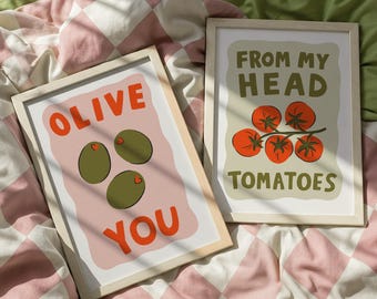 Ensemble d'affiches de cuisine amusantes | Oeuvre d'art à imprimer olive you from my head tomates | Art mural fin gourmet | Impressions de nourriture Punny
