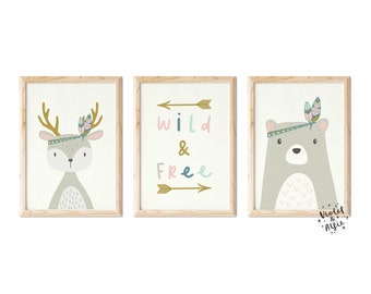 Wild and Free Animal Print Set | Unframed | Set Of 3 |  Stag and Bear | Boho Nursery Decor | Adventure Nursery | Girl's Room Decor