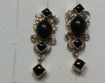 Boucles d'oreilles  vintage onyx sur argent massif