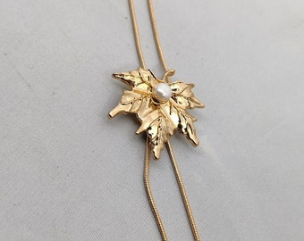 necklace vintage long necklace chain and slider leaf and white pearl on gold metal