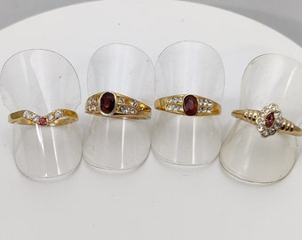 vintage garnet ring, zirconium oxide and rhinestones on gold metal