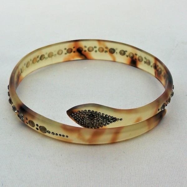 bracelet jonc manchette vintage forme serpent façon écaille de tortue et pierres du Rhin