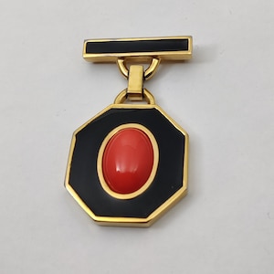 signed GIVENCHY vintage black and coral pendant brooch in gold metal