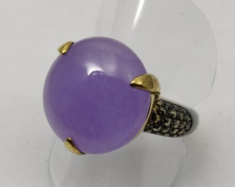 vintage purple jade and marcasite ring on vermeil signed KCB size USA 10