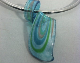 vintage silver metal torque necklace and Murano glass twist pendant green turquoise blue gold silver