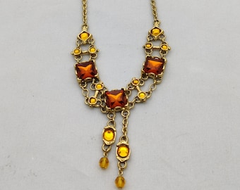 signed ENTRE GUILMETS vintage choker necklace, baroque designer work, all in gold metal and cognac crystal