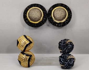 Vintage-Clip-Ohrringe aus schwarzem und goldenem Metall