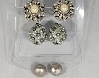 vintage silver metal and pearl clip-on earrings
