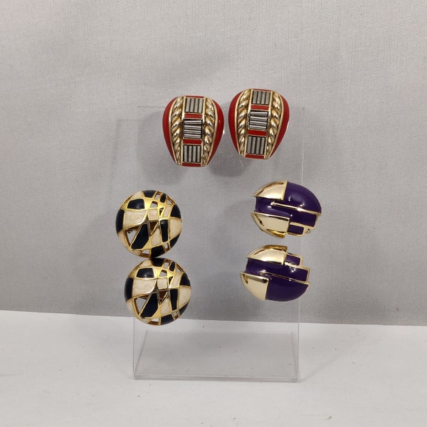 signed ORENA vintage clip earrings in gold metal and enamel