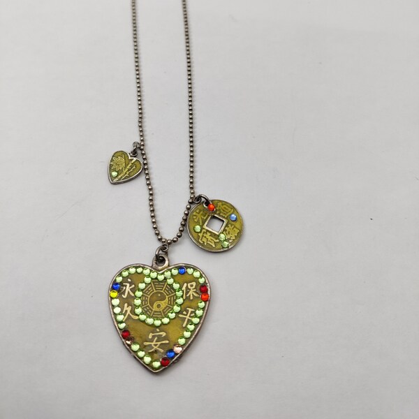 signed GAS BIJOUX vintage necklace with 3 charms in silver metal, enamel and rhinestones