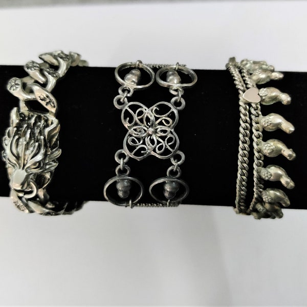 bracelet  vintage avec chaine maille fantaisie en métal argenté