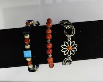 orange bracelet in genuine natural semi-precious fine stones and silver-plated metal