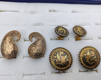 Boucles D'oreille Clips Vintage Or De Tolède Espagne - Perle Gravée *3698 - Occasion