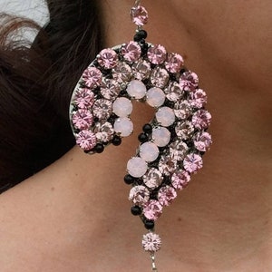 boucle d'oreille 'single' onyx et cristal rose pour mariage, soirée cocktail image 1