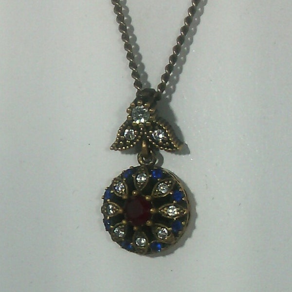 collier pendentif vintage fleur zircon rouge bleu blanc et métal bronze et argent patiné