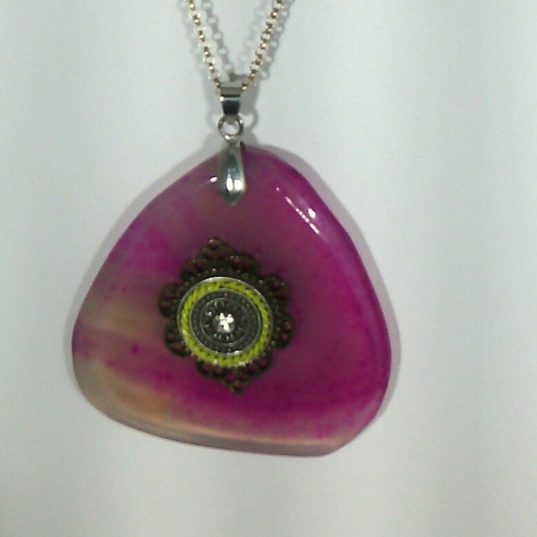 vintage necklace with pink agate triangle pendant on silver metal